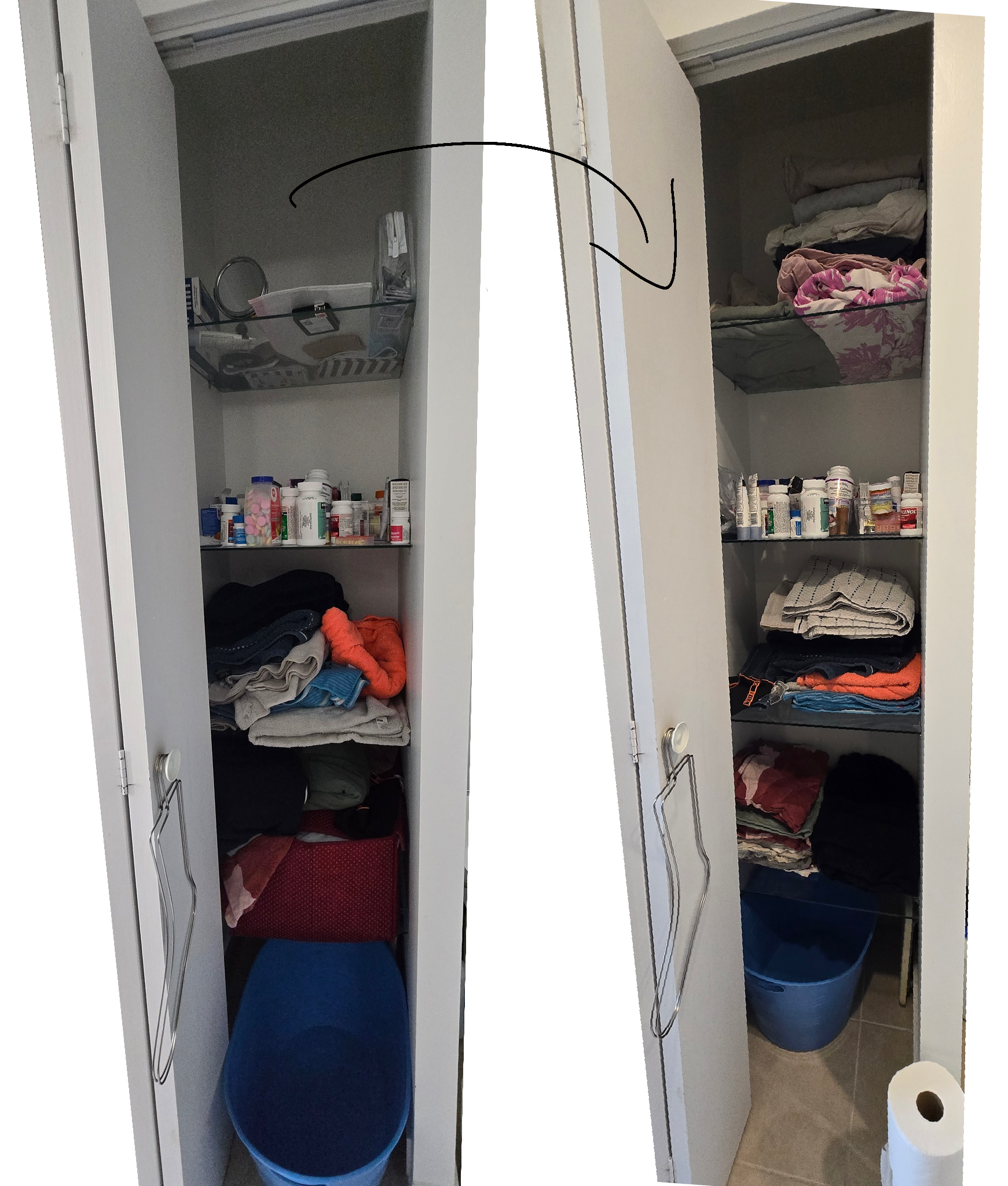 before/after of me cleaning the bathroom closet