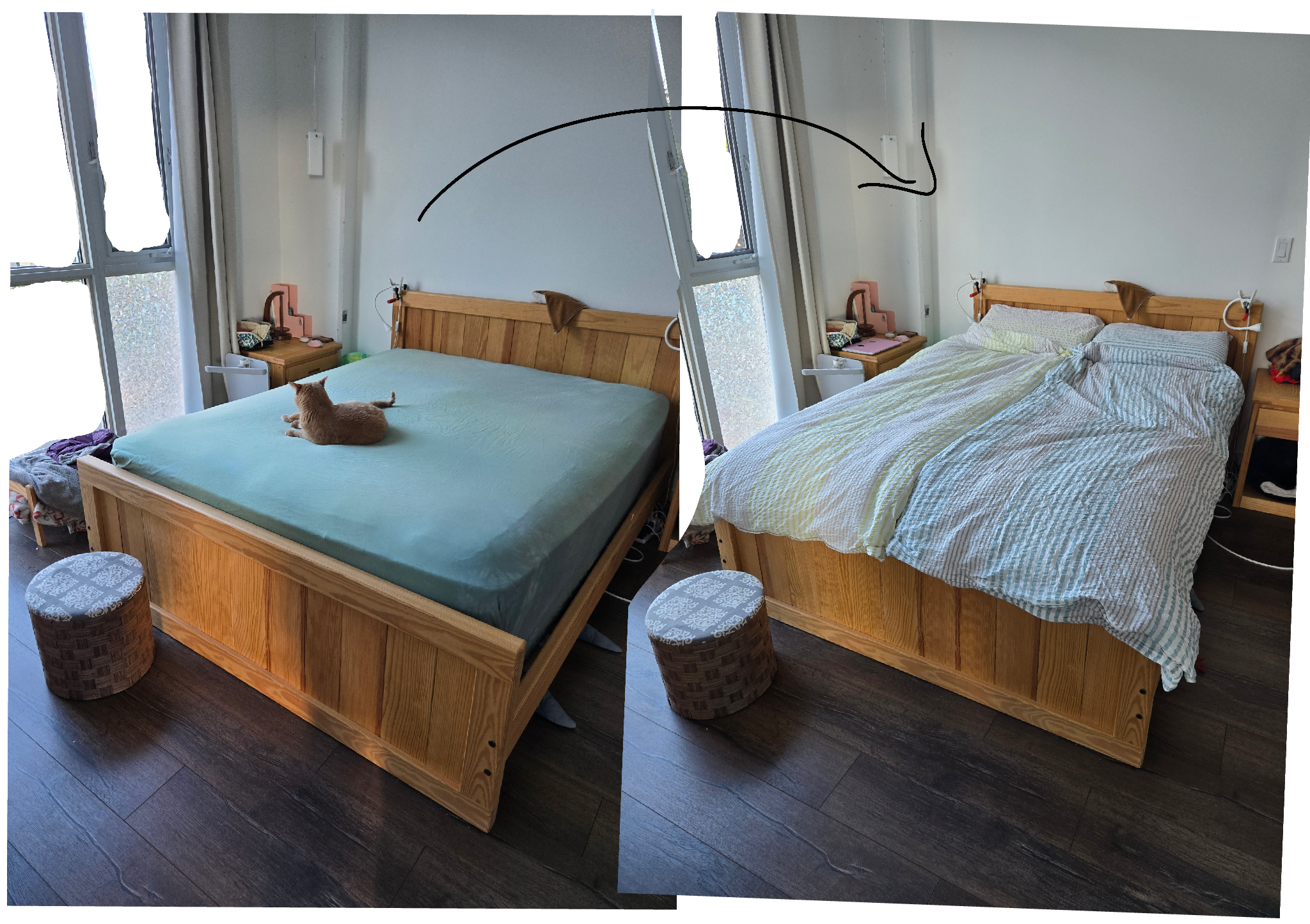 bed before/after sheets with a helpful cat assistant