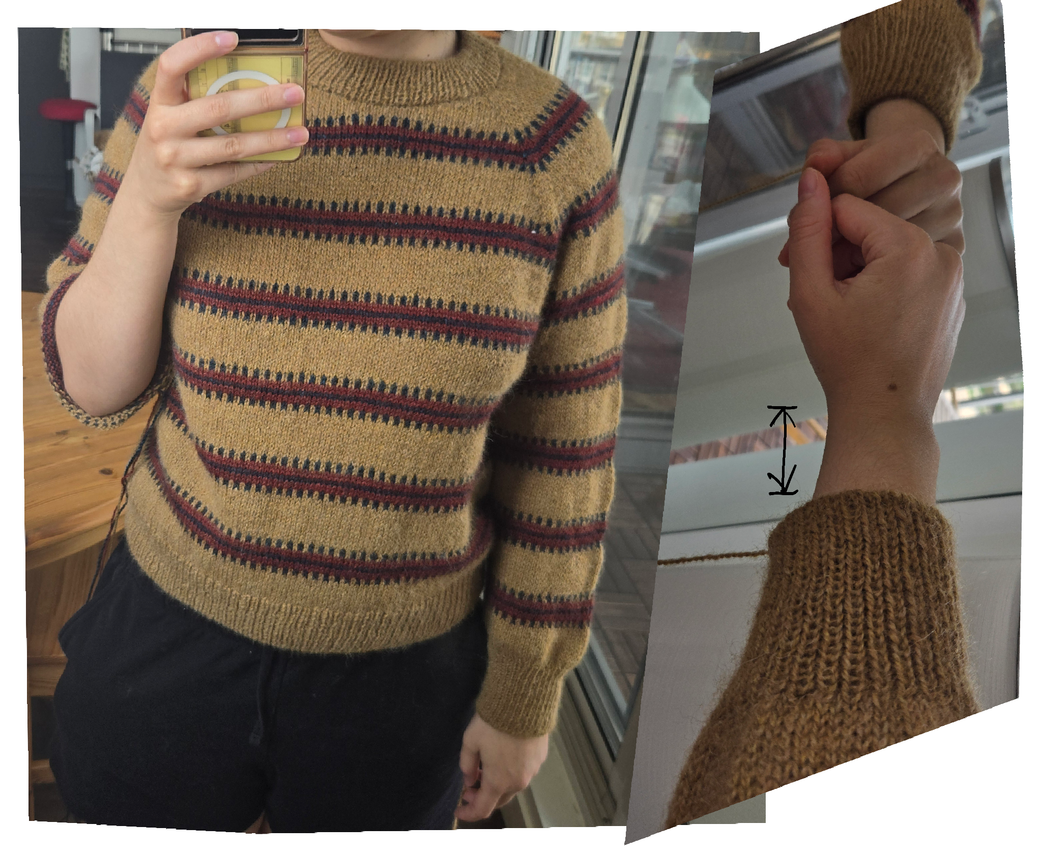 the sweater worn, with one sleeve complete, the other still in progress, also a photo of how it rides up when extended