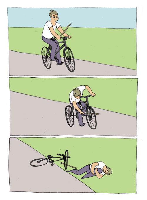 first panel: man on bike, second panel: man puts stick in bike, third panel: man falls off bike