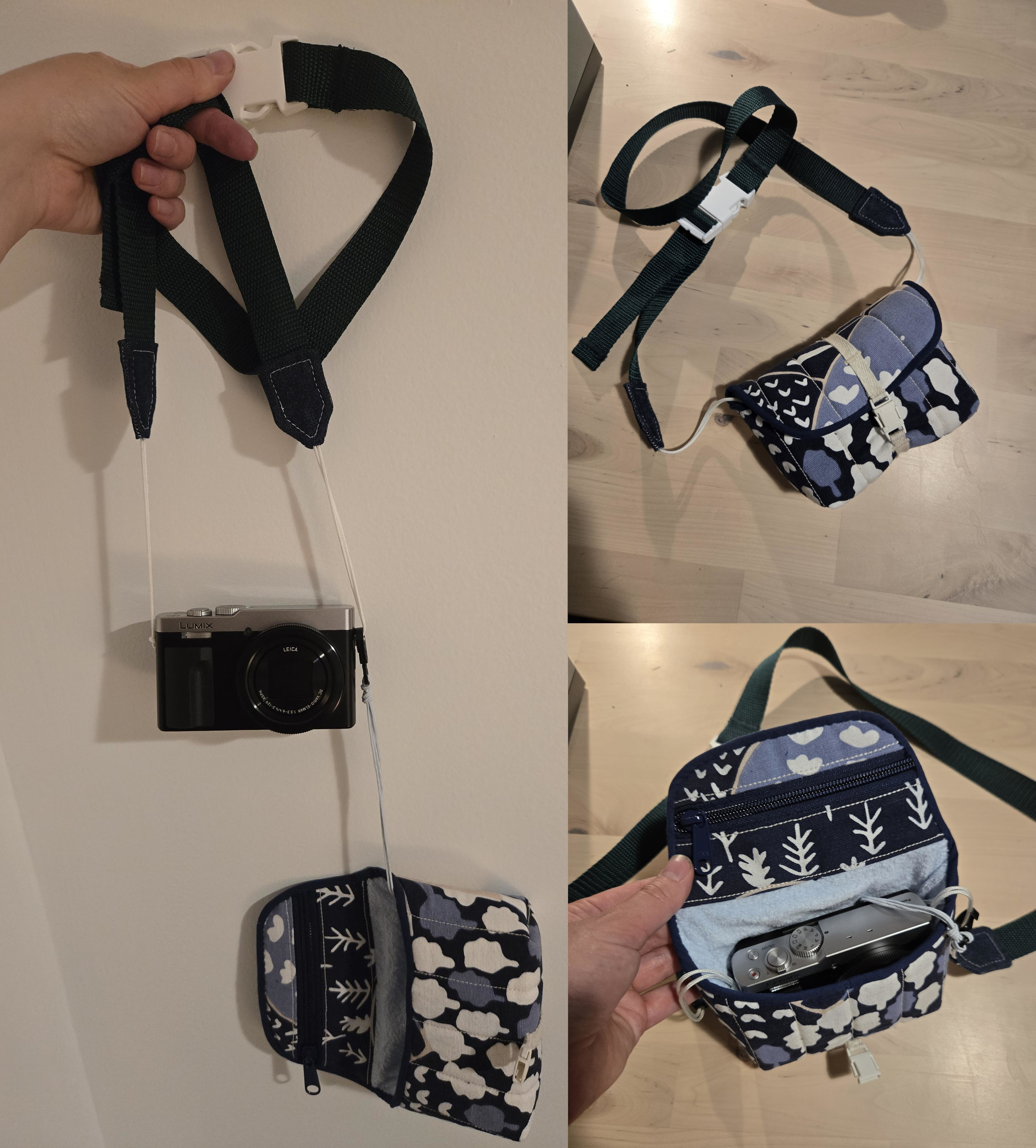 my new camera in it's new case with a strap that connects it