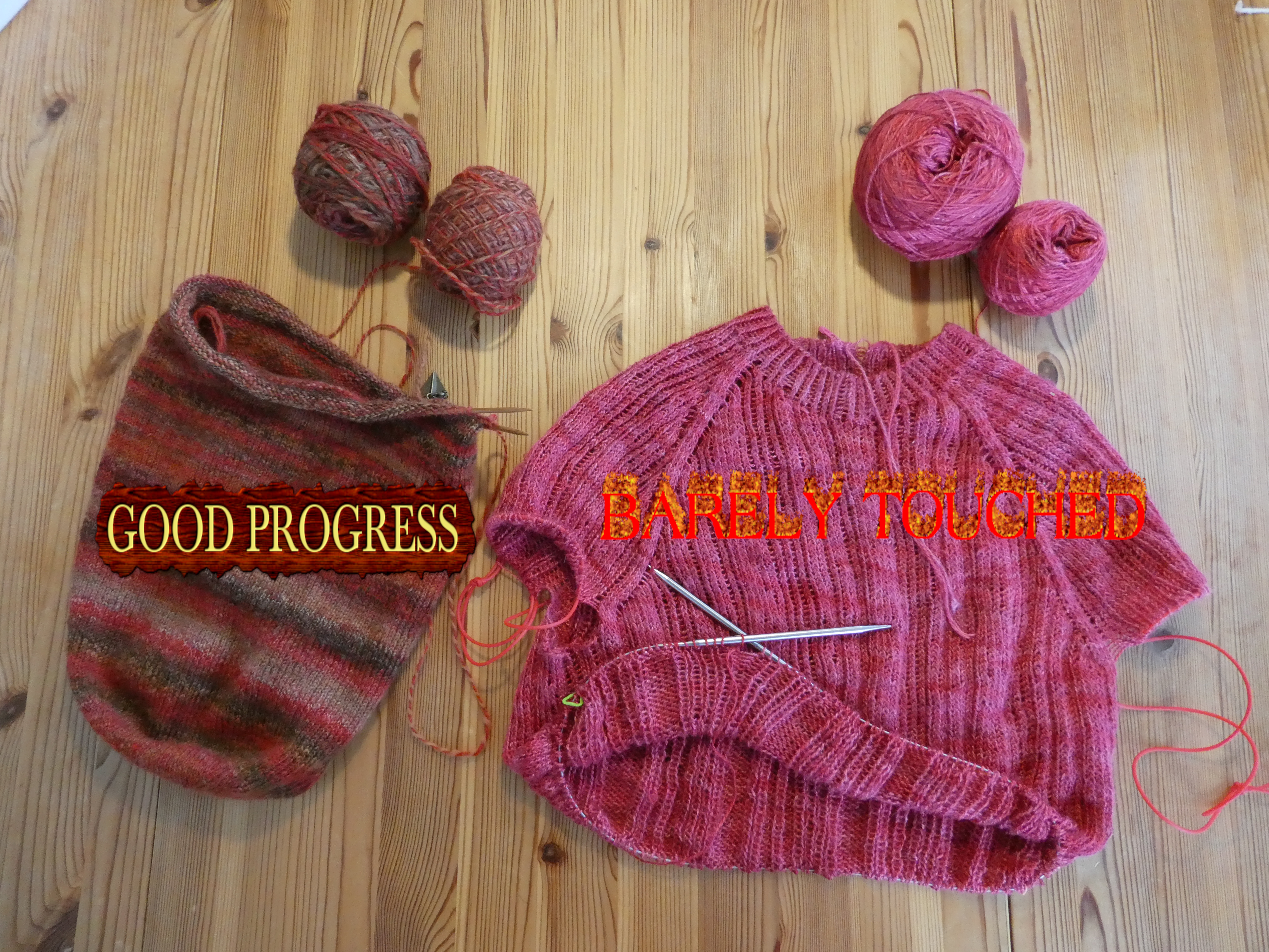 on the left: an unfinished hat in handspun (GOOD PROGRESS), on the right: an unfinished top with a twisted rib pattern in fine silk yarn (BARELY TOUCHED)